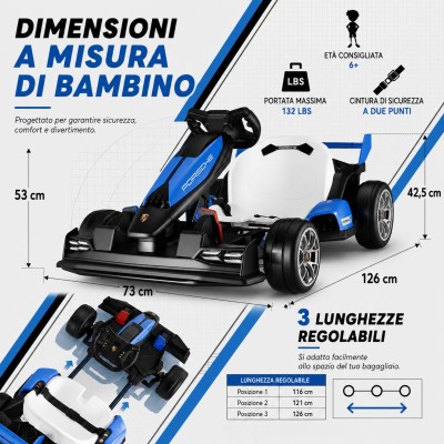 Go Kart Elettrico Porsche per Bambini 24V Ruote in Gomma Eva Nylon Sedile Regolabile 6-12 Anni Luci LED 2 Velocità Drift