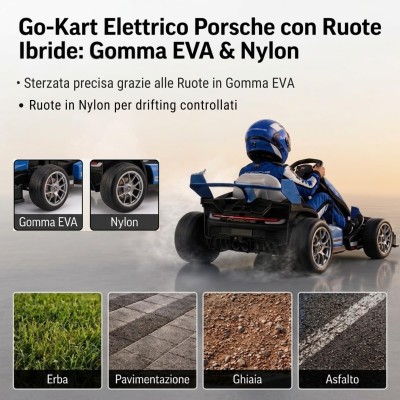Go Kart Elettrico Porsche per Bambini 24V Ruote in Gomma Eva Nylon Sedile Regolabile 6-12 Anni Luci LED 2 Velocità Drift