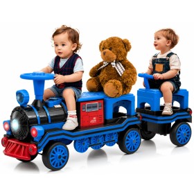 Trenino Elettrico 12V per Bambini 2 Posti Treno con Vagone Posteriore Extra USB Luci LED 2 Velocità Sistema Antiribaltamento