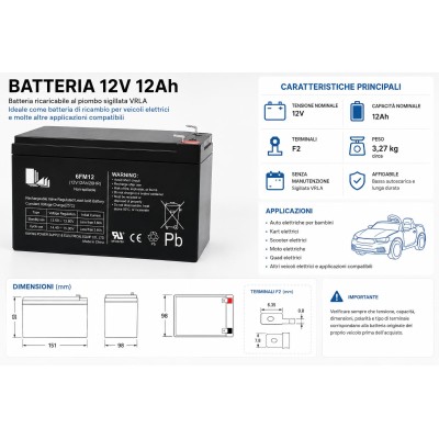 Mondial Toys Batteria al piombo ricaricabile alta capacita' da 12V 12Ah per veicoli elettrici per bambini