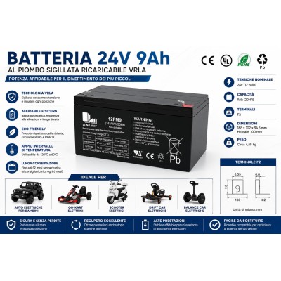 Batteria Ricaricabile 24V 9Ah AGM al Piombo per Auto Elettriche, Quad e Moto Bambini