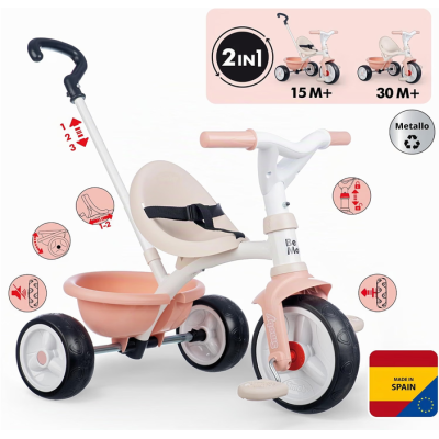 Smoby 7600740339 Triciclo Be Move rosa con asta sedile con cintura telaio in metallo ruota libera e pedali