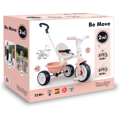 Smoby 7600740339 Triciclo Be Move rosa con asta sedile con cintura telaio in metallo ruota libera e pedali