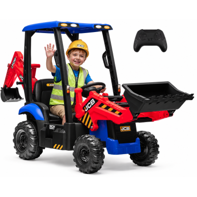 Trattore Cavalcabile Elettrico per Bambini JCB 24V Escavatore con Braccio Scavatore Bulldozer Retroescavatore 4 in 1