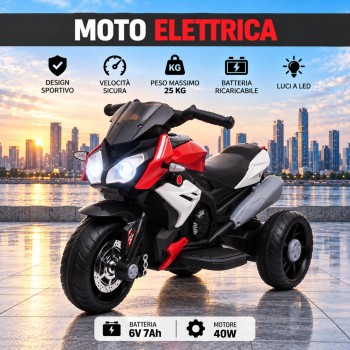 Moto Elettrica per Bambini 6V Trimoto Champ con 3 Ruote Fari LED Luci e Suoni Motocicletta Elettrica per Bambini