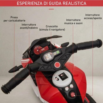 Moto Elettrica per Bambini 6V Trimoto Champ con 3 Ruote Fari LED Luci e Suoni Motocicletta Elettrica per Bambini