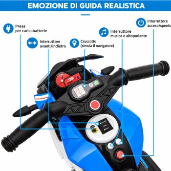 Moto Elettrica per Bambini 6V Trimoto Champ con 3 Ruote Fari LED Luci e Suoni Motocicletta Elettrica per Bambini
