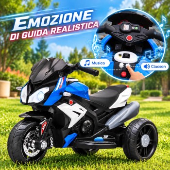 Moto Elettrica per Bambini 6V Trimoto Champ con 3 Ruote Fari LED Luci e Suoni Motocicletta Elettrica per Bambini