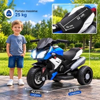 Moto Elettrica per Bambini 6V Trimoto Champ con 3 Ruote Fari LED Luci e Suoni Motocicletta Elettrica per Bambini