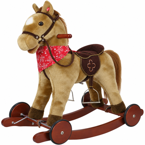 Cavallo a Dondolo per Bambini Cavalcabile in Legno e Peluche con Rotelle Suoni e Movimenti Realistici