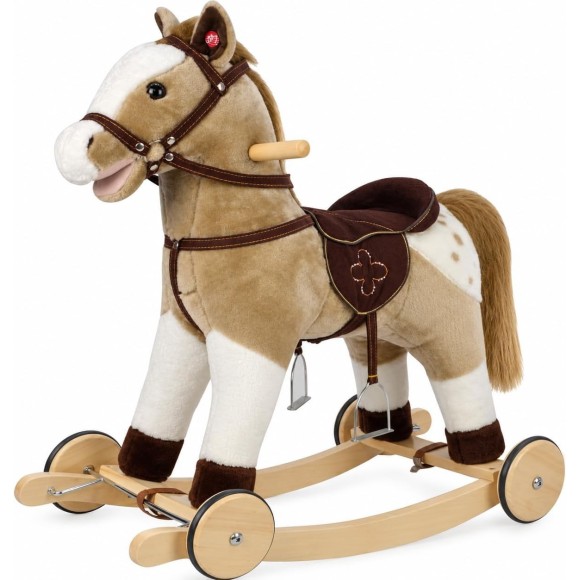 Cavallo a Dondolo per Bambini Cavalcabile in Legno e Peluche con Rotelle Suoni e Movimenti Realistici