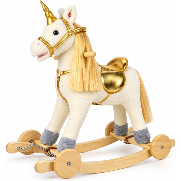 Cavallo a Dondolo per Bambini Cavalcabile in Legno e Peluche con Rotelle Suoni e Movimenti Realistici